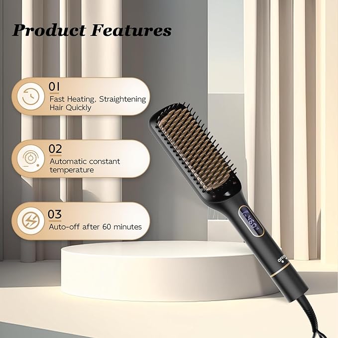 Nicebay Straightener Brush, Rotatable Temperature Adjustment Hair Straightening Brush, Auto-Off & Led Display Hair Straightener Comb for Women