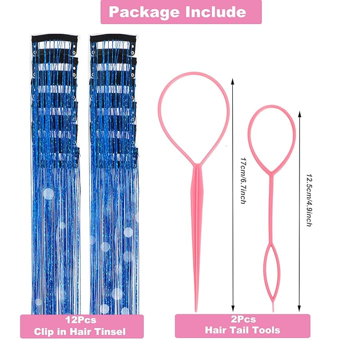 12Pcs Hair Tinsel Kit Clip in 19.6Inch Glitter Tinsel Hair Extensions Shiny Sparkly Fairy Hair Accessories for Women Girls Kids (Sapphire Blue)