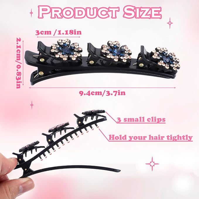 4PCS Sparkling Crystal Stone Braided Hair Clips, Shiny Fancy Hair Clips Elegant Four-Leaf Clover Braided Hair Clips for Women Styling, Braid Rhinestone Hair Accessories for Women Girls