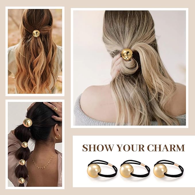 4PCS Gold Hair Ties, Metal Hair Ties for Thick Hair, Elegant Durable Round Geometric Design Hair Cuffs for Ponytails, Gold Hair Accessories Stretchy Non-Damage Ponytail Holders Holiday Gifts