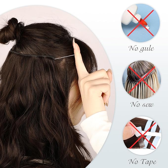 MORICA Invisible Wire Hair Extensions - 20 Inch Honey Blonde Mixed Light Brown Long Wavy Synthetic Hairpiece with Transparent Wire Adjustable Size, 4 Secure Clips for Women