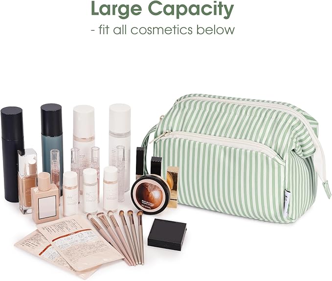 Narwey Striped Makeup Bag Women Wide-open Make up Bag Travel Cosmetic Bag Organizer Toiletry Bag for Cosmetics Toiletries Accessories (Mint Green Stripe)
