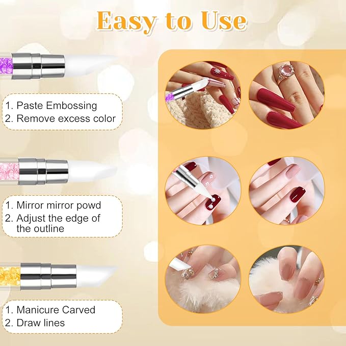 3 Pcs Nail Art Sculpture Pen, Dual Tipped Silicone Nail Tools, Silicone Head Acrylic Handle Nail Art Brushes, Rhinestone Nail Polish Carving Pen, Nail Art Tools for Home Salon(Yellow, Pink, Purple)