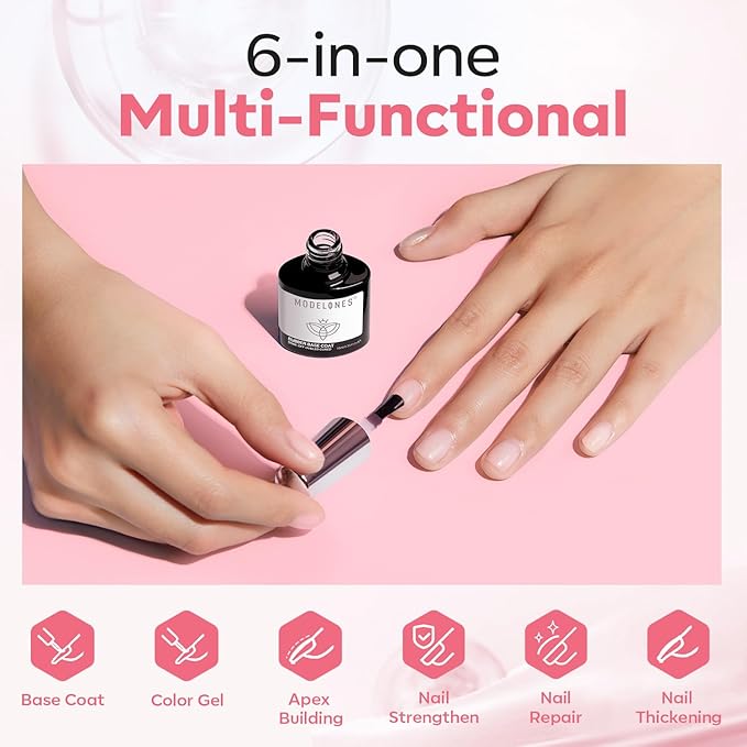 modelones Builder Gel for Nails, Jelly Pink 6 in One Nude Rubber Base Coat Strengthen Apex Building Extension Long Last Protect Soak Off Color Base Gel Manicure for Fragile Nails Art DIY Home Top Coat