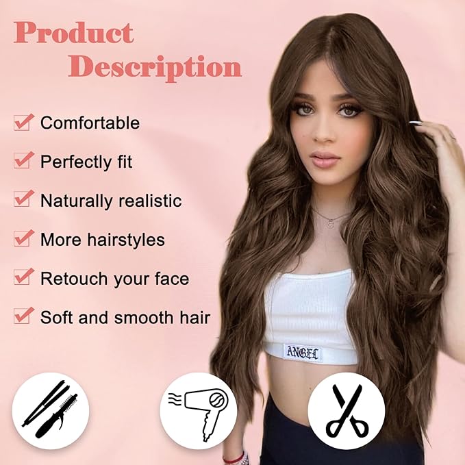 NAYOO Long Dark Brown Wavy Wig for Women 26 Inch Middle Part Curly Wavy Wig Natural Looking Synthetic Heat Resistant Fiber for Daily Party Use (Dark Brown)