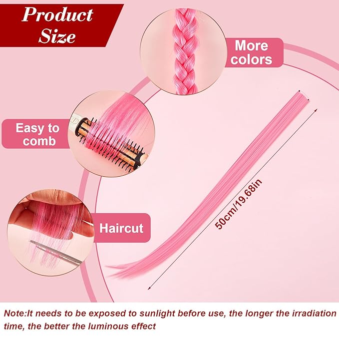 20 Pcs Glow in the Dark Colored Hair Extensions Clip 20 Inch Rainbow Party Hairpiece for Women, 10 Color(Pink)