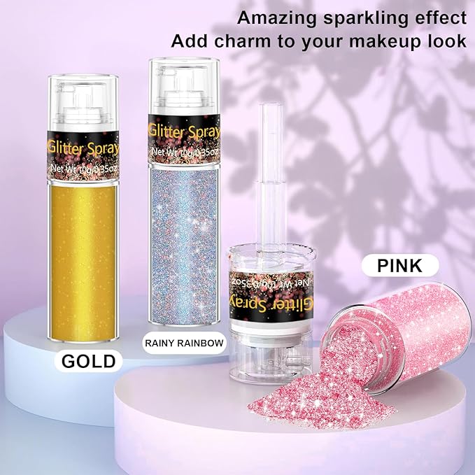 Hair and Body Glitter Spray, 1PC Pink Glitter Hairspray Dry Powder Makeup for Clothes, Festival Rave Prom Loose Sparkle Powder,Holographic Ultra Fine Resin Glitters for Crafts,10g (Pink)