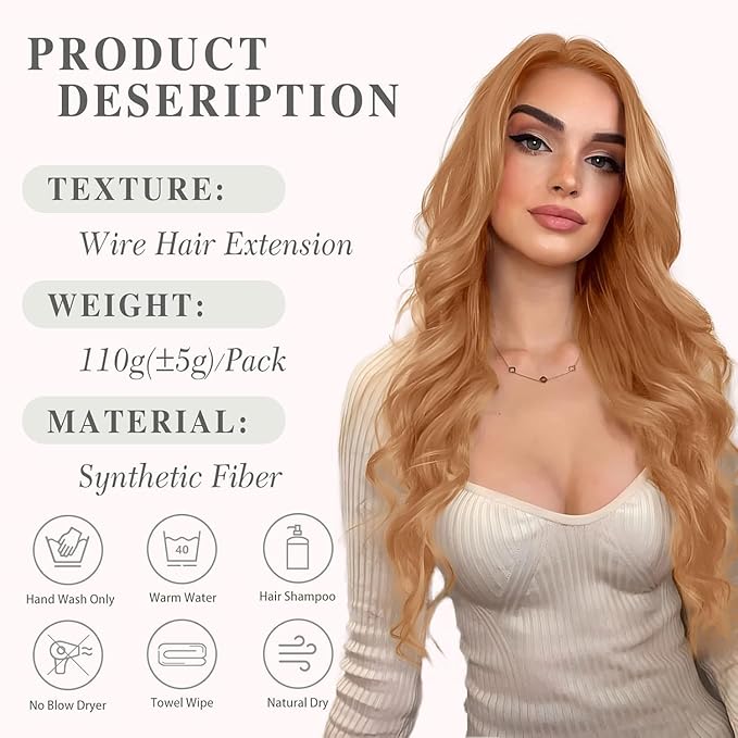 MORICA Invisible Wire Hair Extensions - 20 Inch Copper Brown Long Wavy Synthetic Hairpiece with Transparent Wire Adjustable Size, 4 Secure Clips for Women