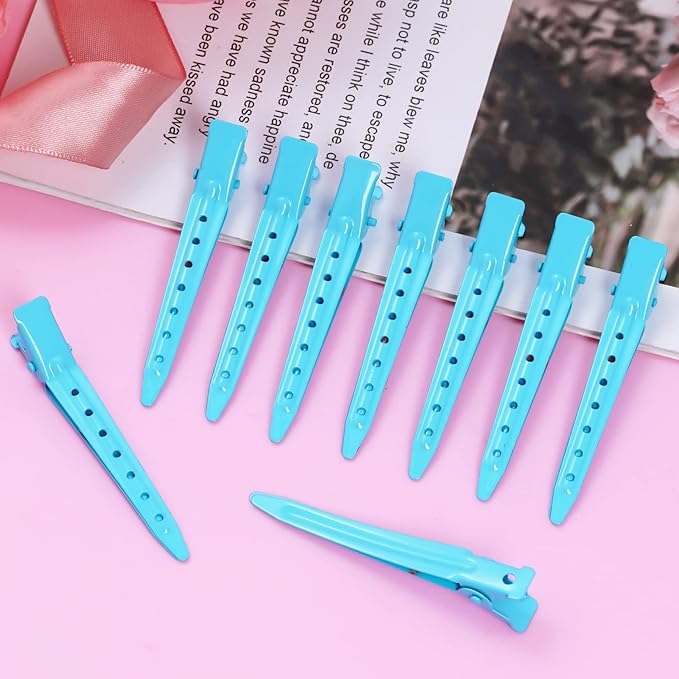 24 Packs Duck Bill Clips, Bantoye 2.75 Inches Rustproof Metal Alligator Curl Clips with Holes for Hair Styling, Hair Coloring, Blue