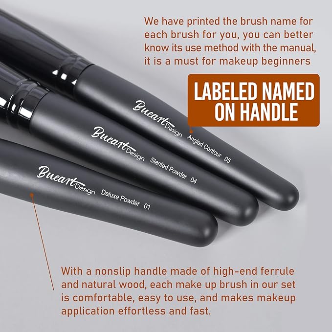 Bueart Design 19Pcs ULTRA SOFT Black labeled DENSE HAIR Makeup Brushes set Contains large powder Flat Foundation Ultimate Blending Make up Brush set Blush Face Brush Concealers contour Eyeshadow