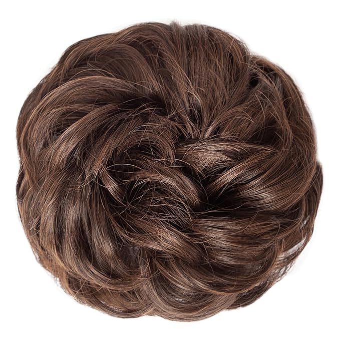 MORICA 1PCS Messy Hair Bun Hair Scrunchies Extension Curly Wavy Messy Bun Synthetic Chignon Hairpieces for Women (4/30#(Dark Brown & Light Auburn Mixed))