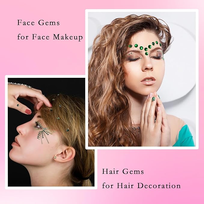 NIACONN 1760 Pcs Deep Green Hair Jewels Face Gems Stick on, Self Adhesive Glitter Rhinestones Stickers for Women Body Eyes Nails Festival Halloween Makeup & Crafts