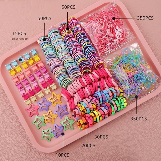 889 pcs Elastic Hair Bands for Girls Hair Accessories Ponytail Holders Colorful Rubber Bands Set with 14 pcs Cute Hair Clip