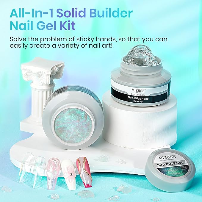 MIZHSE Solid Builder Gel for Nails – 2PCS 1oz Mermaid Pearl & Clear Hard Gel Kit with Nail Forms 3D Silicone Mold Soak-off U V 3D for Nails Extension for Salon Manicure Home DIY