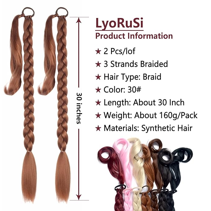 2 Pack Long DIY Braided Ponytail Extension with Hair Tie Straight Wrap Around Hair Extensions Ponytail(30#)