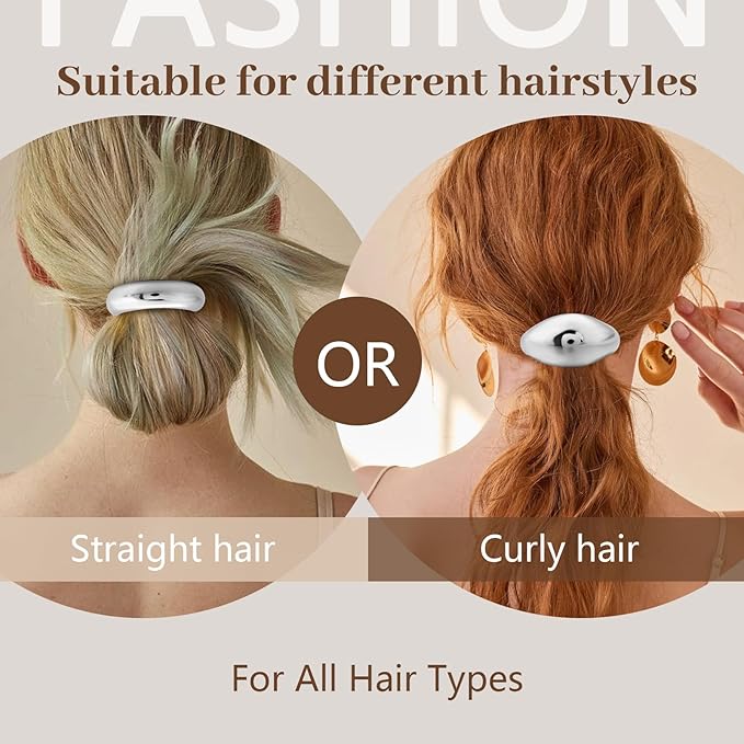 3PCS Silver Hair Ties, Metal Hair Ties for Thick Hair, Elegant Durable Geometric Design, Silver Hair Accessories Stretchy and Non-Damage Ponytail Holders, 3 Styles in Box Gifts Holiday