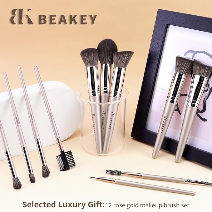 BEAKEY Vegan Makeup Brush Set: Soft Synthetic Brushes for Foundation & Eyeshadow, High-Density, Precise, Easy to Clean, Durable Handles