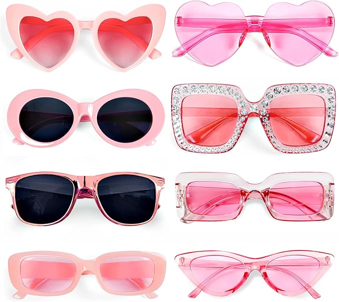Pibupibu 8 Pack Pink Sunglasses for Women Collection Trendy Cute Costume Accessories Eyewear Set (Transparent/Solid/Mix)