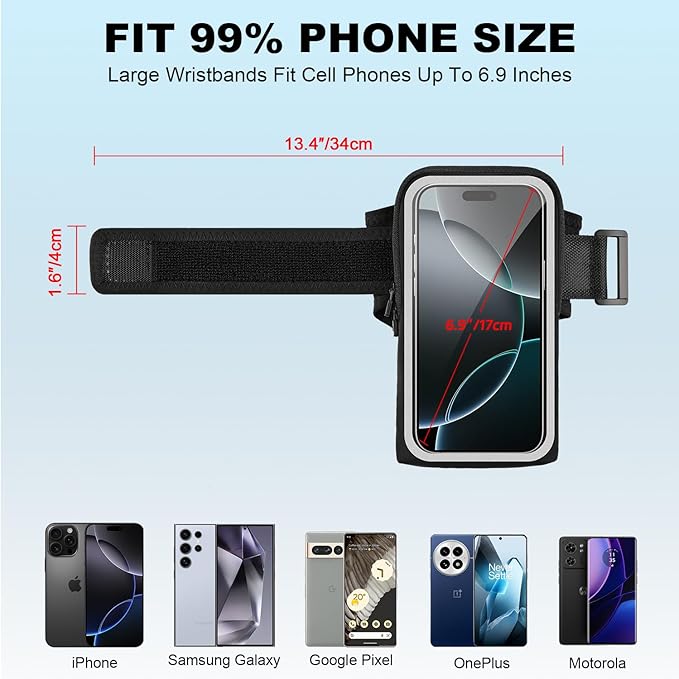 Phone Holder for Running, Wristband Frearm Band for iPhone Pro Max Plus SE (16/15/14/13/12/11/X/XR) Galaxy S24/S23/S22/S21, Waterproof Running Accessories with Adjustable Strap & Card Slot