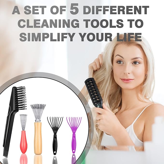 5 Pieces Hair Brush Cleaner Tool Set for Hairbrush and Comb Maintenance Remove Hair Dust Easily Ideal for Home and Salon Use, Black