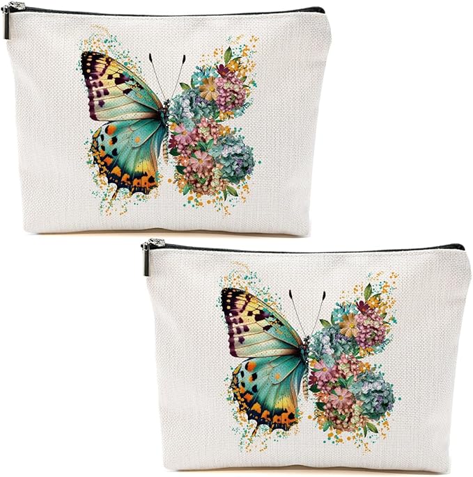 2pcs Aesthetic Butterfly Floral Makeup Bag Flowers Butterfly Gifts Cosmetic Bags for Women Girls, Aesthetic Zipper Pouch Travel Toiletry Bag Friend Gifts for Sisters Bestie