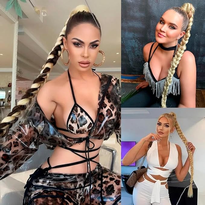 34 Inch Braided Ponytail Extension Braided Hair Extensions with Hair Tie Straight Wrap Around Long Braided Ponytail Natural Soft Synthetic Hair Piece for Women(613#)