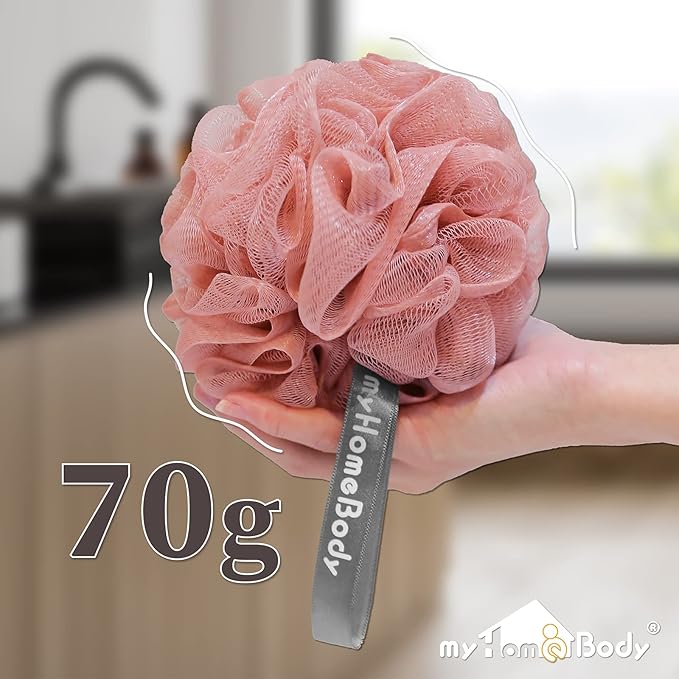 myHomeBody Large 70g Loofah Sponge, Body Scrubber, Bath Sponge, Loofah for Women, Men, Exfoliating Sponge Shower Pouf with Activated Charcoal - 2 Peach + 1 Coral Red, 3 Pack