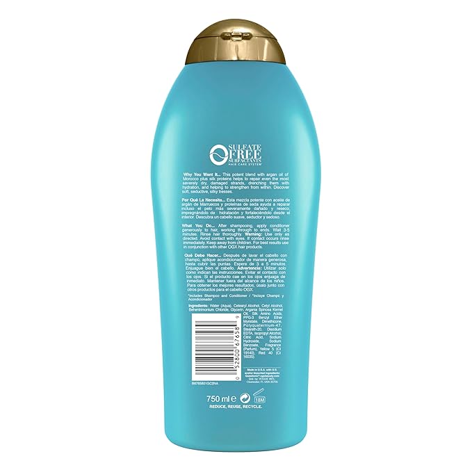 OGX Extra Strength Hydrate & Repair + Argan Oil of Morocco Conditioner for Dry, Damaged Hair, Cold-Pressed Argan Oil to Moisturize Hair, Paraben-Free, Sulfate-Free Surfactants, 25.4 Fl Oz
