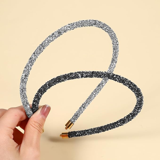 2Pcs Diamond Headband, Sparkly Rhinestone Headband for Women Girls Glitter Crystal Headbands Bling Hair Styling Accessories for Wedding Birthday Party (Black and White)
