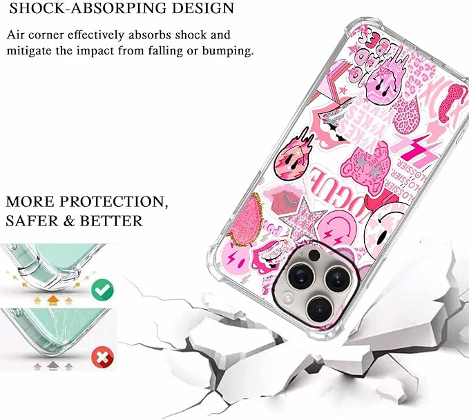 Case for iPhone 16 Pro Max with Pink Design,Aesthetic Hippie Indie Popular Elements Pattern,Shockproof Soft TPU Bumper Phone Cover(16pm,Pink)