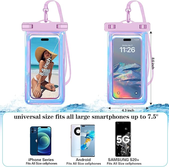 2 Pack Iridescence Universal Waterproof Phone Pouch, Large Phone Waterproof Case Dry Bag (Protection Level: IP68) Outdoor Sports for Apple iPhone,Samsung,and up to 7.5" (Iridescence 2 Pack)