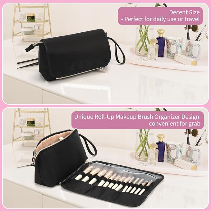 OCHEAL Makeup Brush Holder and Makeup Bag 2 in 1,Makeup Pouch with Brush Organizer,Travel Makeup Brushes Bag Cosmetic Bags for Women Portable Roll-up Makeup Case -Black