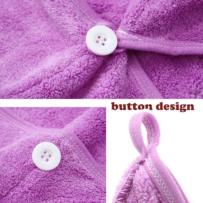 2 Pack Microfiber Hair Towel Wrap,Hair Drying Towel with Button,Absorbent Head Towel to Dry Hair Quickly (Purple)