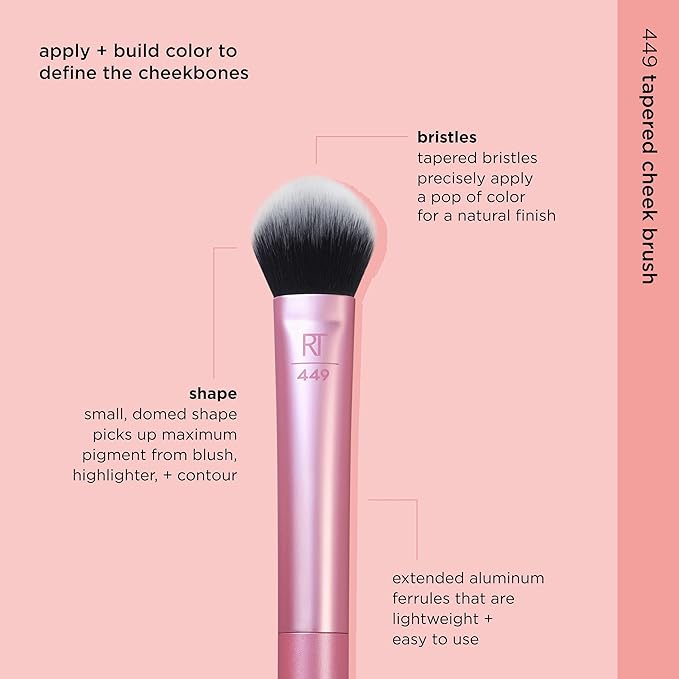 Real Techniques Tapered Cheek Makeup Brush, For Blush, Highlighter, Loose, Or Pressed Powder, Blush Brush With Synthetic Bristles, Precise Makeup Application, Aluminum Handle, Cruelty Free, 1 Count