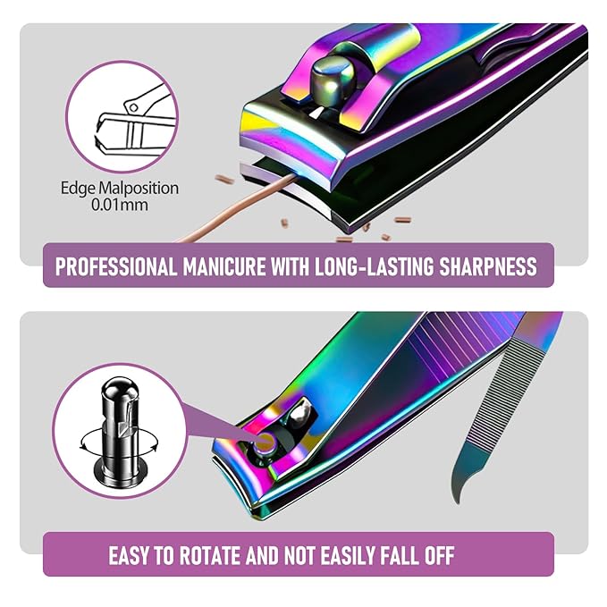 Nail Clipper Set, Sturdy Stainless Steel Fingernails & Toenails Clippers & Nail File, Sharp Effortless Fingernail Toenail Trimmer, Portable Nail Cutter for Women Men(Rainbow)