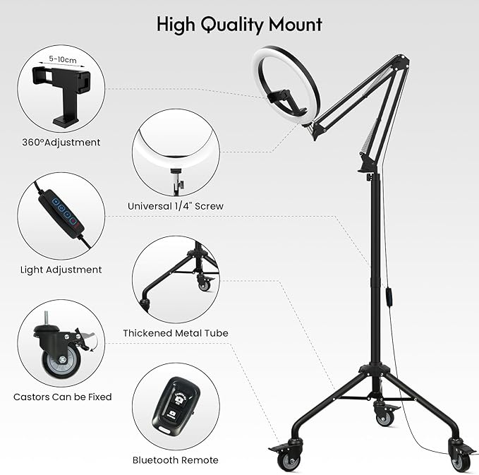 LUXSURE Ring Light Tripod for iPhone, Overhead Phone/Camera Mount with Casters,LED Ring Light with Stand and Phone Holder,Phone Tripod with Light for Video Recording/Live Streaming/Cooking