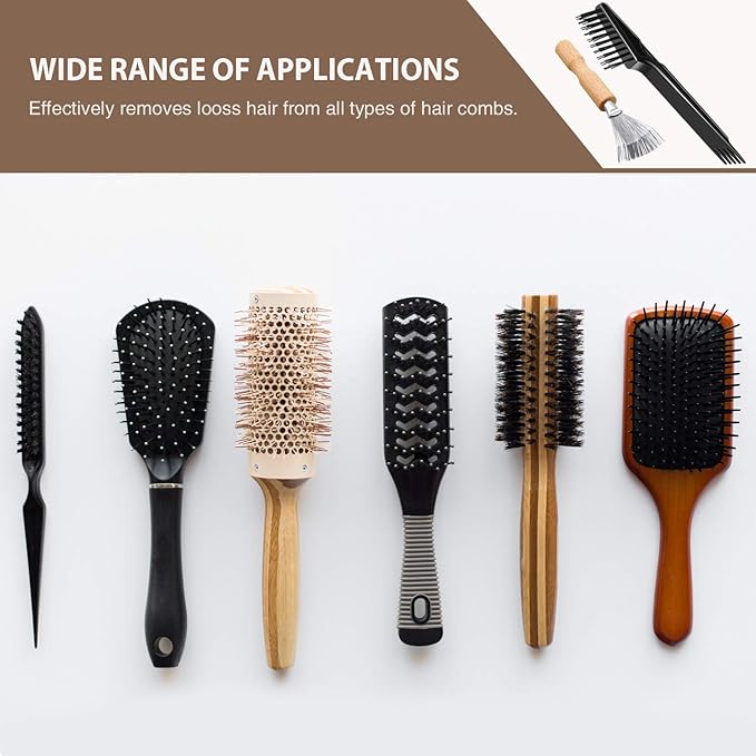 2 Pieces Hair Brush Cleaning Tools - Mini Comb Cleaner Rake with Wooden Handle for Removing Hair Dust at Home and Salon (Black)