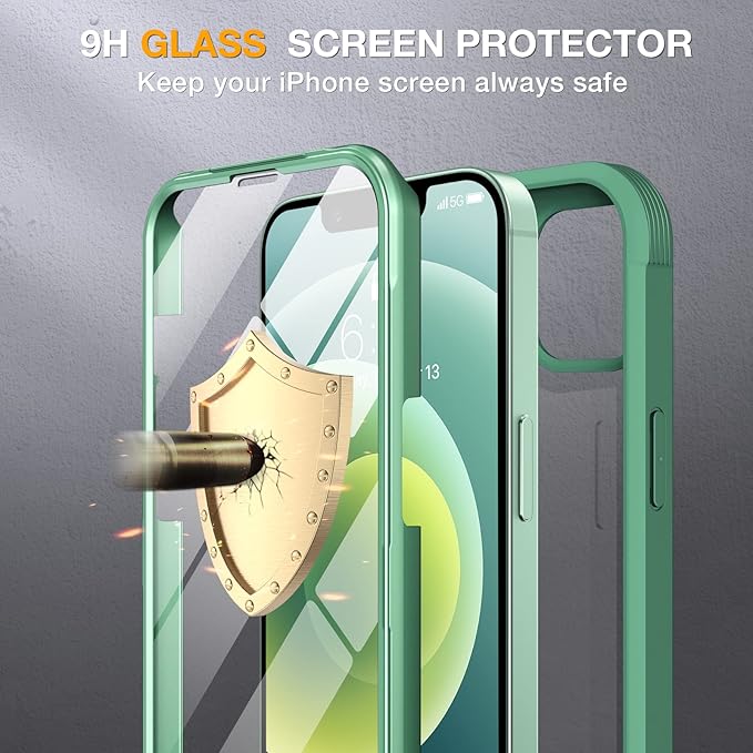 Miracase Glass Series for iPhone 12/12 Pro - Full-Body Rugged Protective Case with Built-in 9H Tempered Glass Screen Protector and Camera Lens Protector - Green
