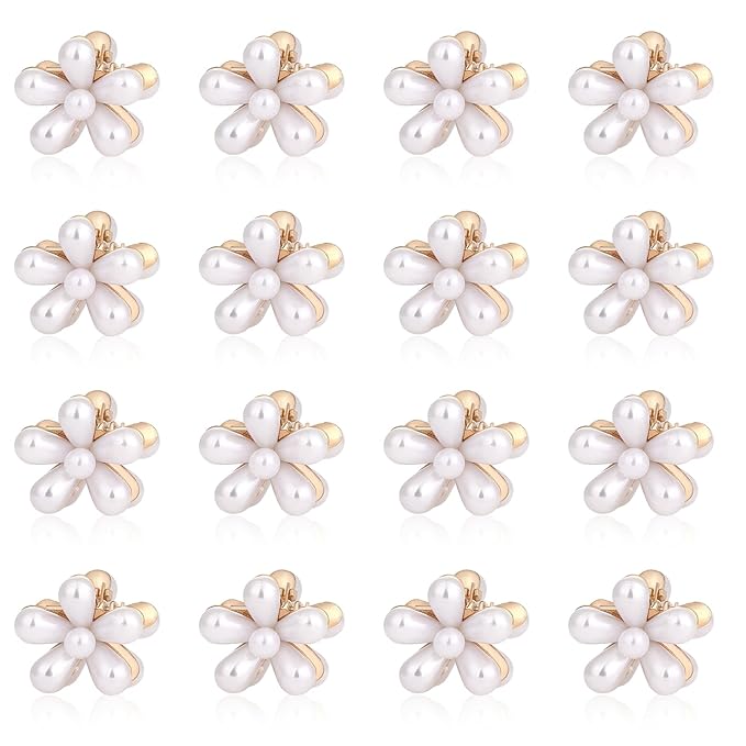 16 Pcs Small Pearl Claw Clips with Flower Design, Mini Hair Clips for Thin Thick Hair, Sweet Tiny Hair Clips, Little Flower Hair Jaw Clamps, Nonslip Bangs Pins Hair Accessories for Women Girls