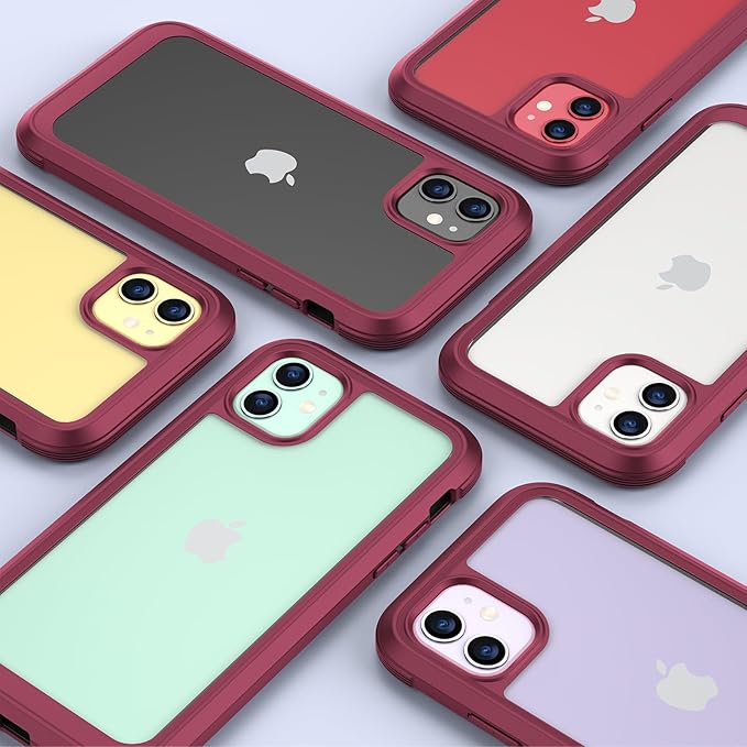 Miracase Glass Series for iPhone 11 - Full-Body Rugged Protective Case with Built-in 9H Tempered Glass Screen Protector and Camera Lens Protector, Wine Red