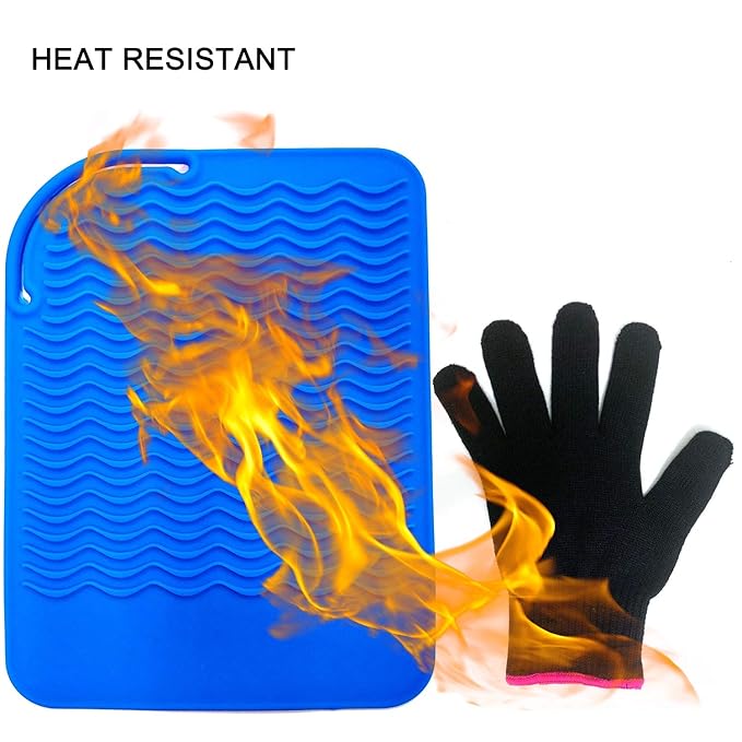 Heat Resistant Mat Pad and Heat Resistant Glove for Curling Irons, Hair Straightener, Flat Irons and Hair Styling Tools 9" x 6.5", Blue by Lessmon