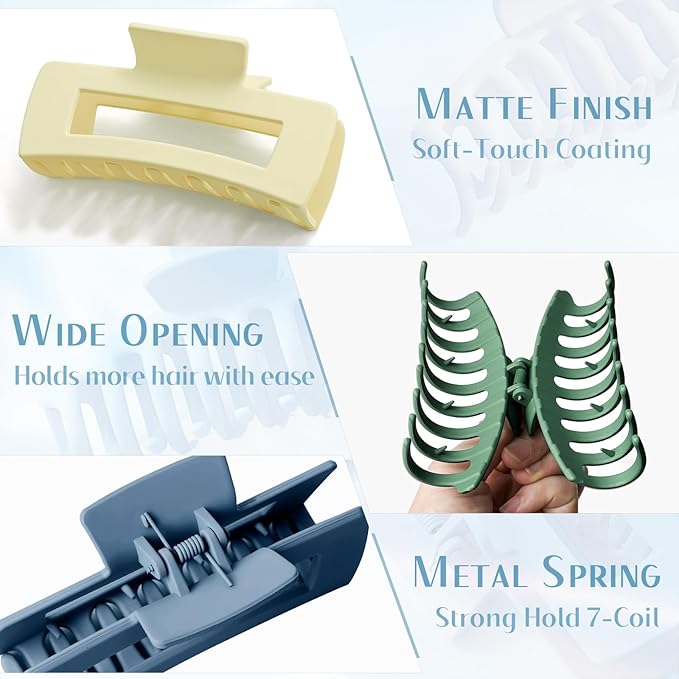 TOCESS 8 Pack 4.33 Inch Matte Jumbo Claw Clips for Women, Strong Hold Non-Slip Rectangle Hair Clips for Thick, Curly, Wavy, Long or Fine Hair