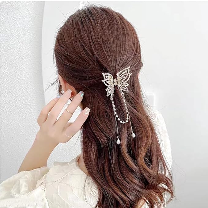 3 Pieces Butterfly Hair Claw Clip With Tassel and Rhinestone - Metal Non-Slip Hair Clamps - Exquisite Styling Accessories for Women and Girls
