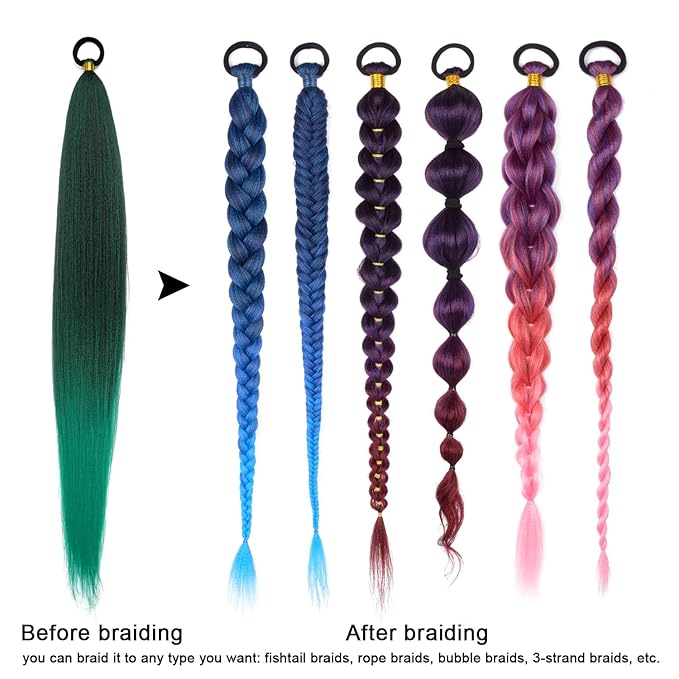 2 Pack Braid Ponytail Extension with Elastic Tie Straight Sleek Wrap Around Braid Wig Ponytail Green gradient 26 Inch (Dark green/green)