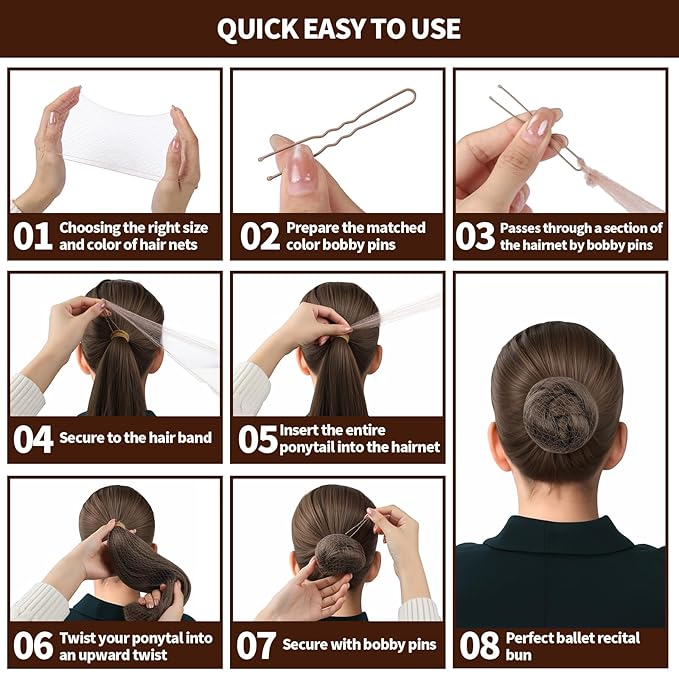 Teenitor Hair Nets For Buns, 3 Sizes Hair Bun Nets For Ballet Girls(12, 20, 28 Inch), 80pcs U Shape Bobby Pins and 40pcs Hairnets For Dance Buns Maker, Tan Brown