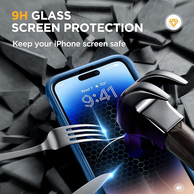 Miracase Glass Series for iPhone 14 Pro Case 6.1 Inch, Full-Body Clear Bumper Case with Built-in 9H Tempered Glass Screen Protector, with Camera Lens Protector, Capri Blue