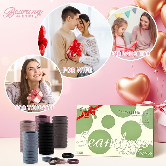 100 Pcs Thick Seamless Hair Ties, Ponytail Holders Hair Accessories No Damage for Thick Hair, Valentine's Day Gifts (Natural Colors)
