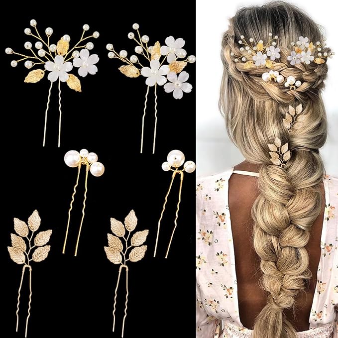 6PCS Gold Leaf Wedding Hair Pins Pearl Hair Jewelry Accessories Flower Headpiece Crystal Vintage Elegance Wedding Hair Styling Pins for Women Brides Bridesmaids and Flower Girls