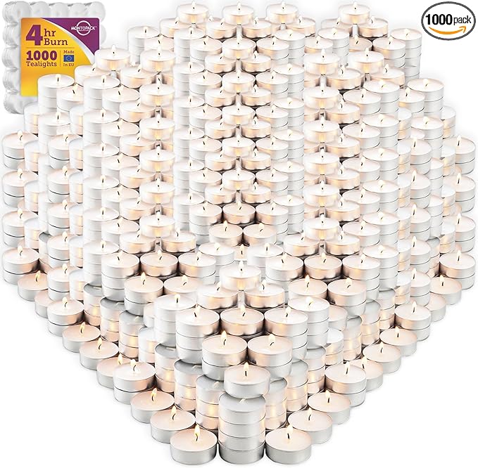 MontoPack Unscented Tea Light Candles Bulk 1000 Pack | 4 Hours, White,Smokeless,Dripless Small Votive Paraffin Tealights | Long-Lasting for Home, Shabbat, Weddings, Events, Emergencies | Mini Candles