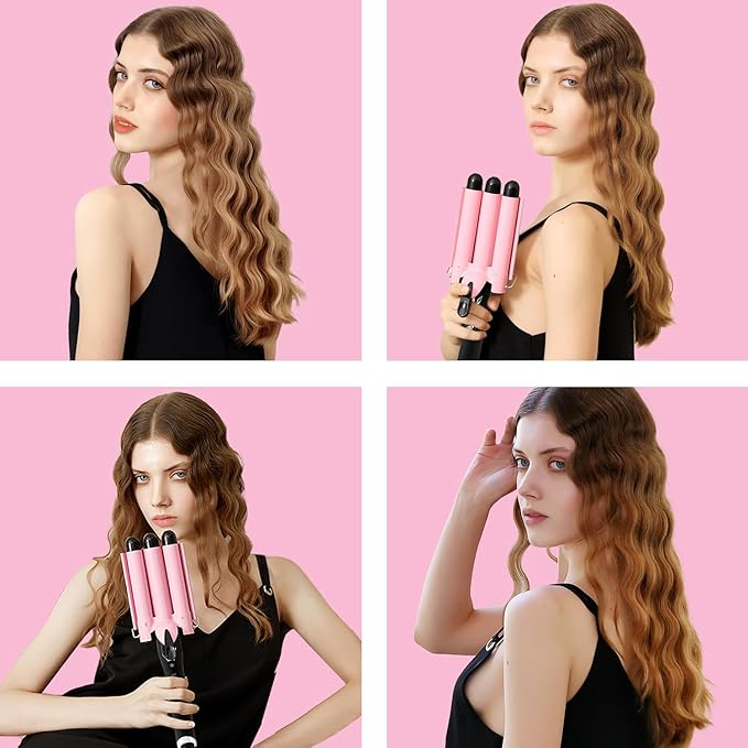 3 Barrel Curling Iron Hair Crimper: Aleath Dual Voltage Adjustable Temperature Three Barrels Hair Waver - Ceramic 1 inch Curler Wand